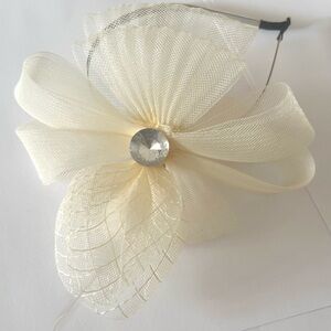 Elegant cream ivory white tea party fascinator hat headband with Crystal Accent